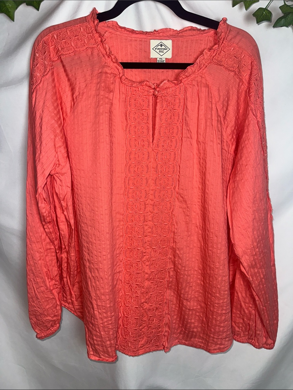 St. John's Bay Coral Long Sleeve Peasant Top with Lace Panel